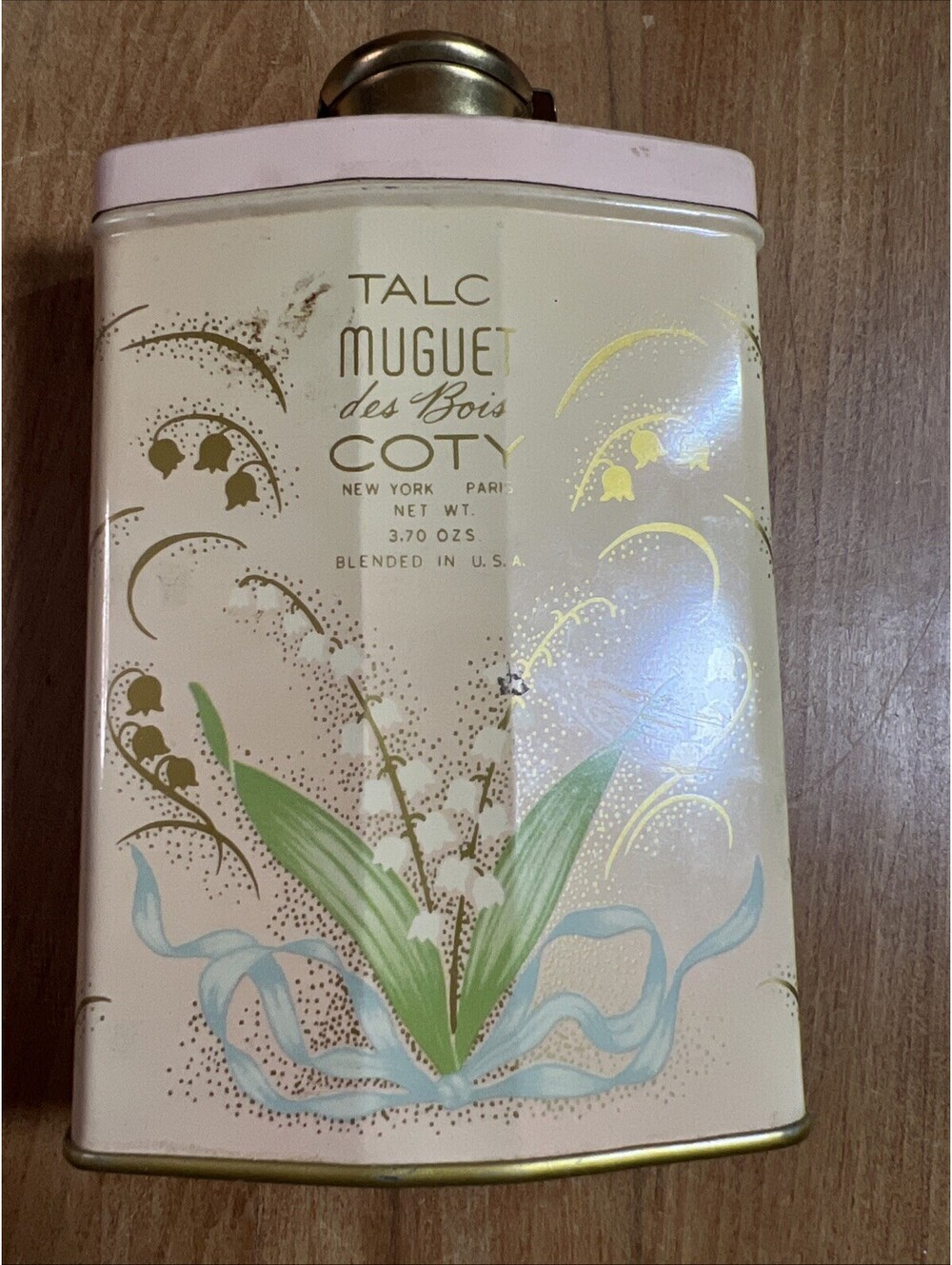 Coty Muguet des Bois Talcum Powder Advertising Tin 4 oz Beige Green Gold